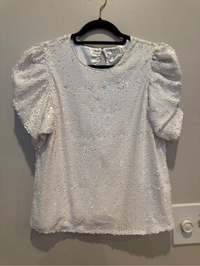 TCEC Off-White Statement Puff Sleeve Iridescent Sequin Blouse Sequin Blouse